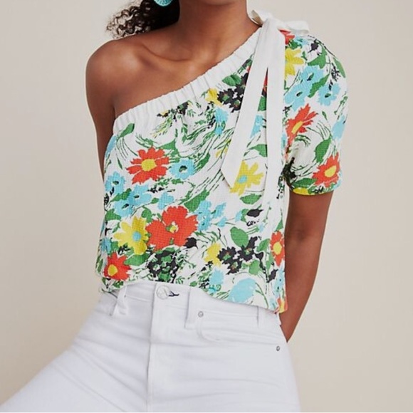 Anthropologie Tops - Anthropologie Porridge White Multicolor Larsa Floral One Shoulder Top Size XS